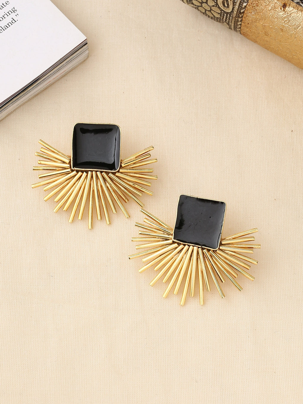 Black Enamel Earring Studs In 18K Gold Plated Star Design.