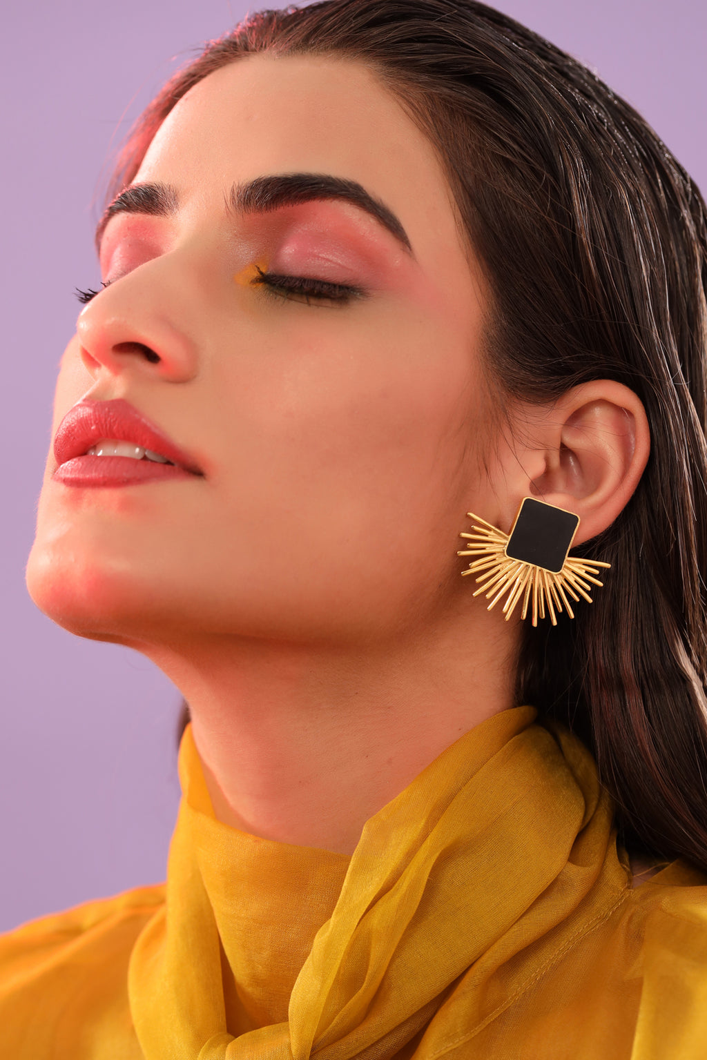 Black Enamel Earring Studs In 18K Gold Plated Star Design.