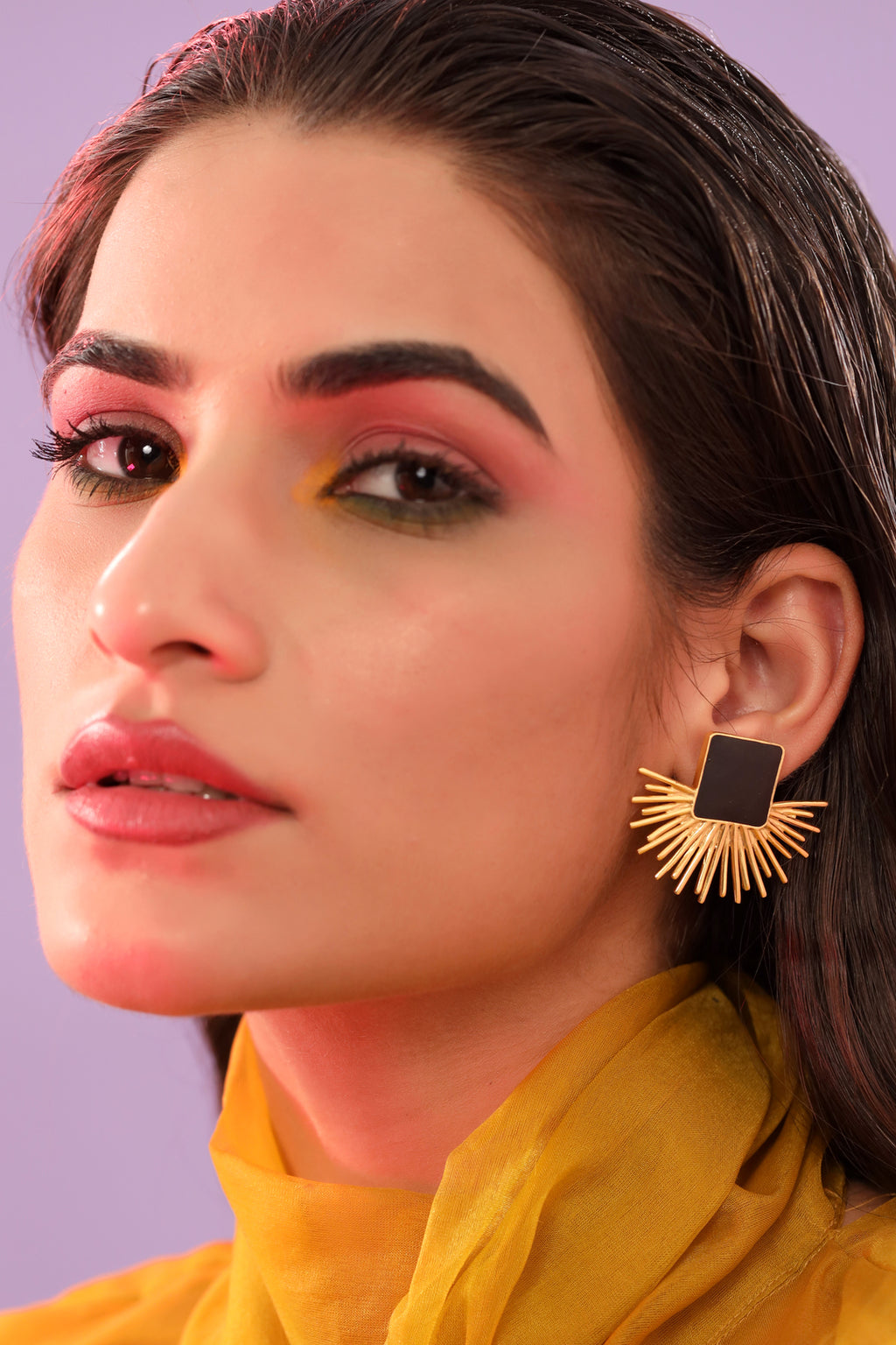 Black Enamel Earring Studs In 18K Gold Plated Star Design.